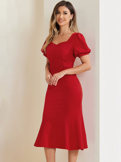 Sweetheart Neck Puff Short Sleeve Mermaid Fishtail Midi Dress