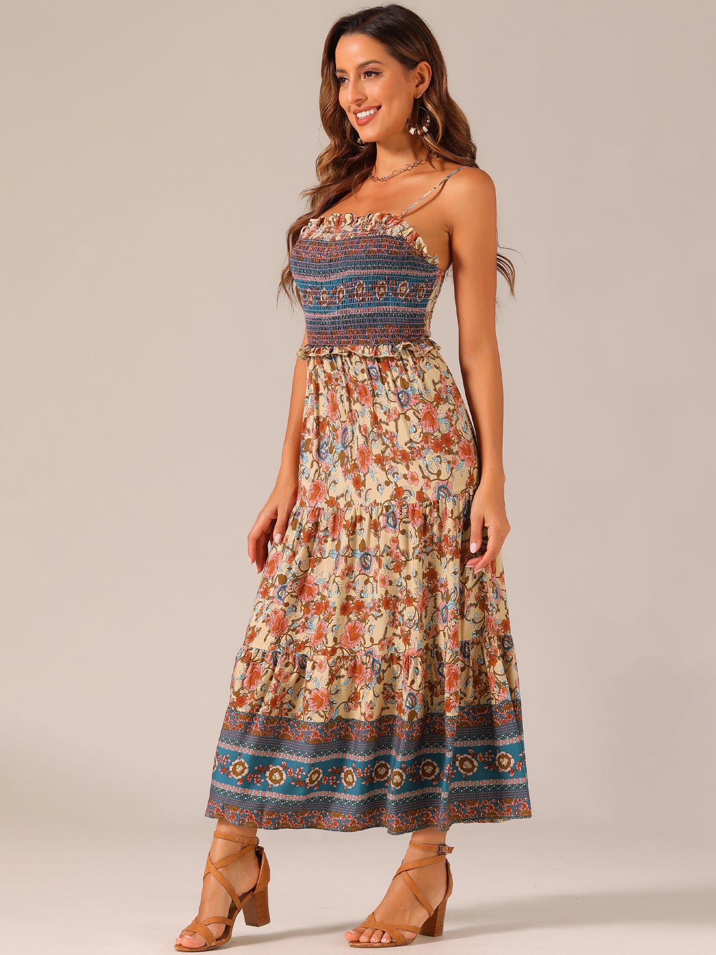 Allegra K Boho Floral Summer Spaghetti Strap A-Line Flowy Smocked Midi Dress Sundress