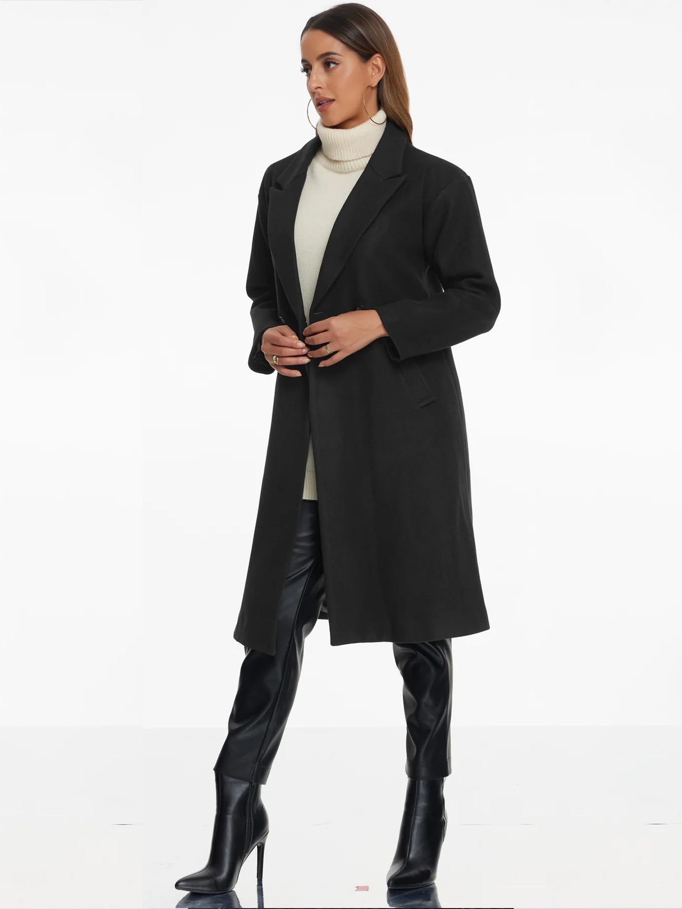 Allegra K Notch Lapel Double-Breasted Solid Color Mid-Length Pea Coat