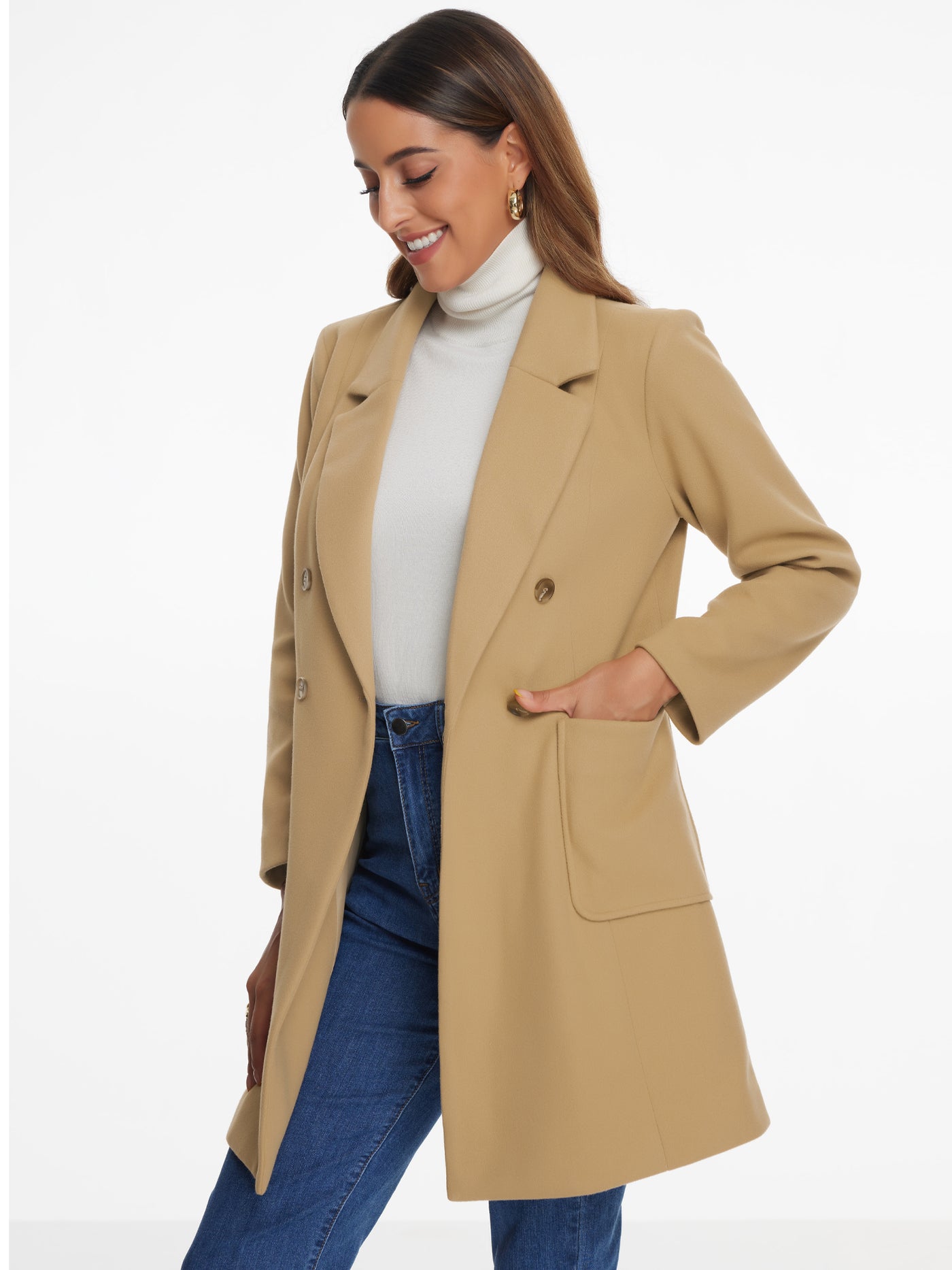 Allegra K Notch Lapel Double Breasted Long Sleeves Winter Pea Coat