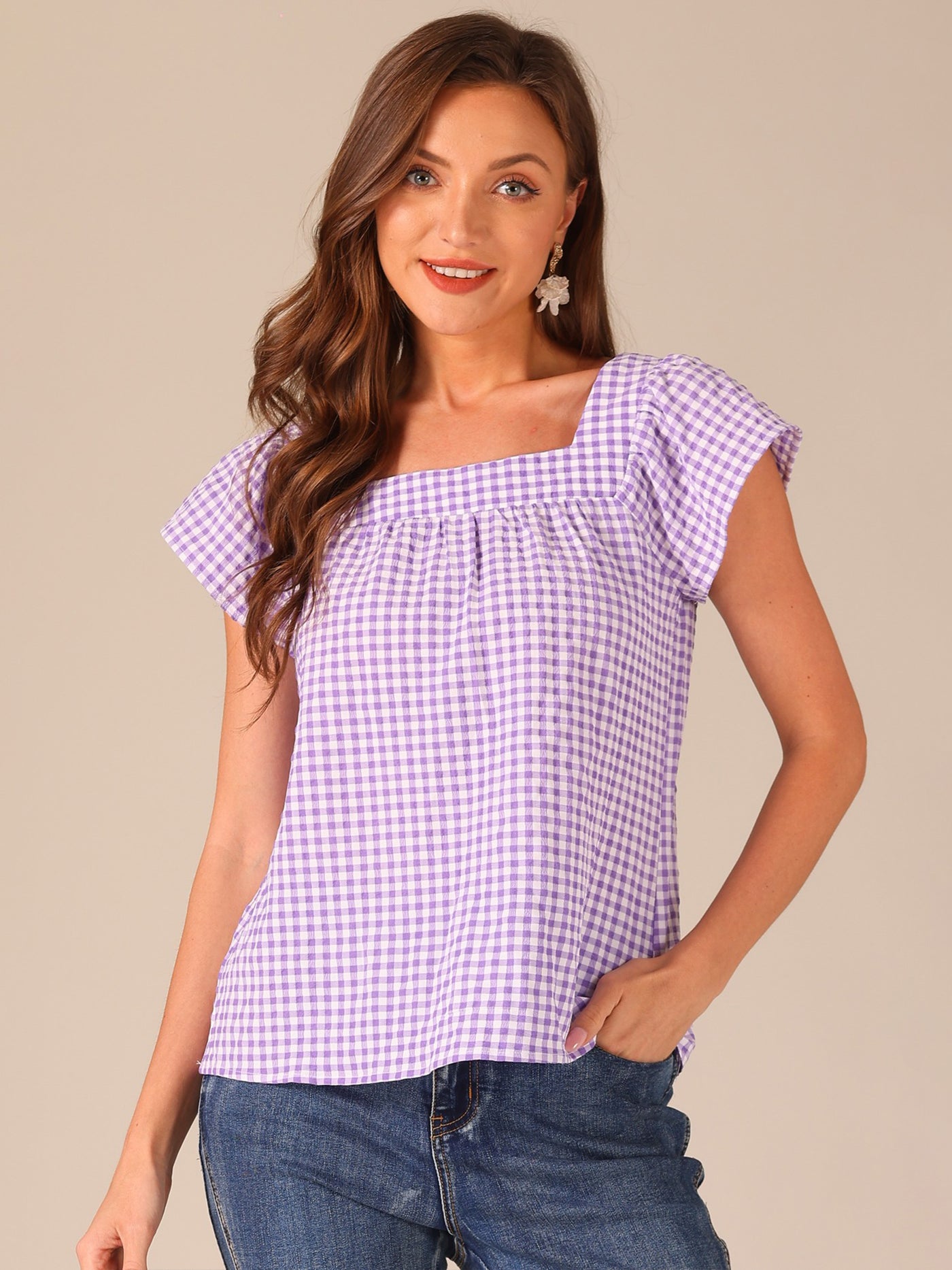 Allegra K Square Neck Short Sleeves Gingham Plaid Blouse