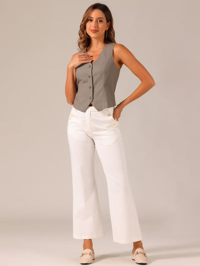 Sleeveless Solid Button Down V Neck Waistcoat Vest