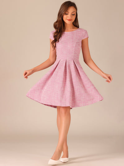 Plaid Tweed Round Neck Cap Sleeve A-Line Vintage Pleated Dress