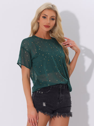 Glitter Metallic Stars Sheer Short Sleeve T-Shirt