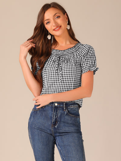 Peasant Round Neck Ruffles Puff Sleeve Gingham Plaid Blouse