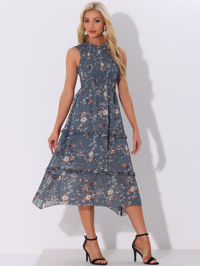 Sleeveless Floral Ruffles Crew Neck Chiffon Smocked Dress Sundress