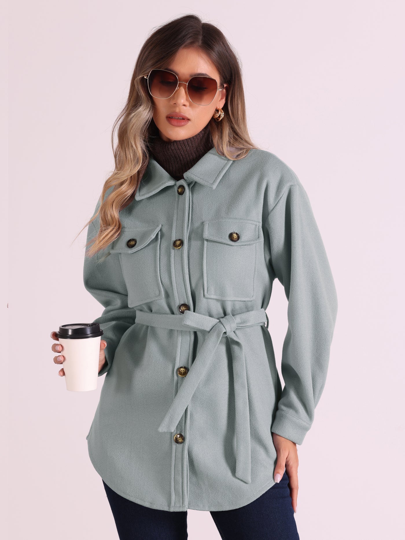 Allegra K Solid Color Button Down Peacoat Belted Casual Trench Jacket