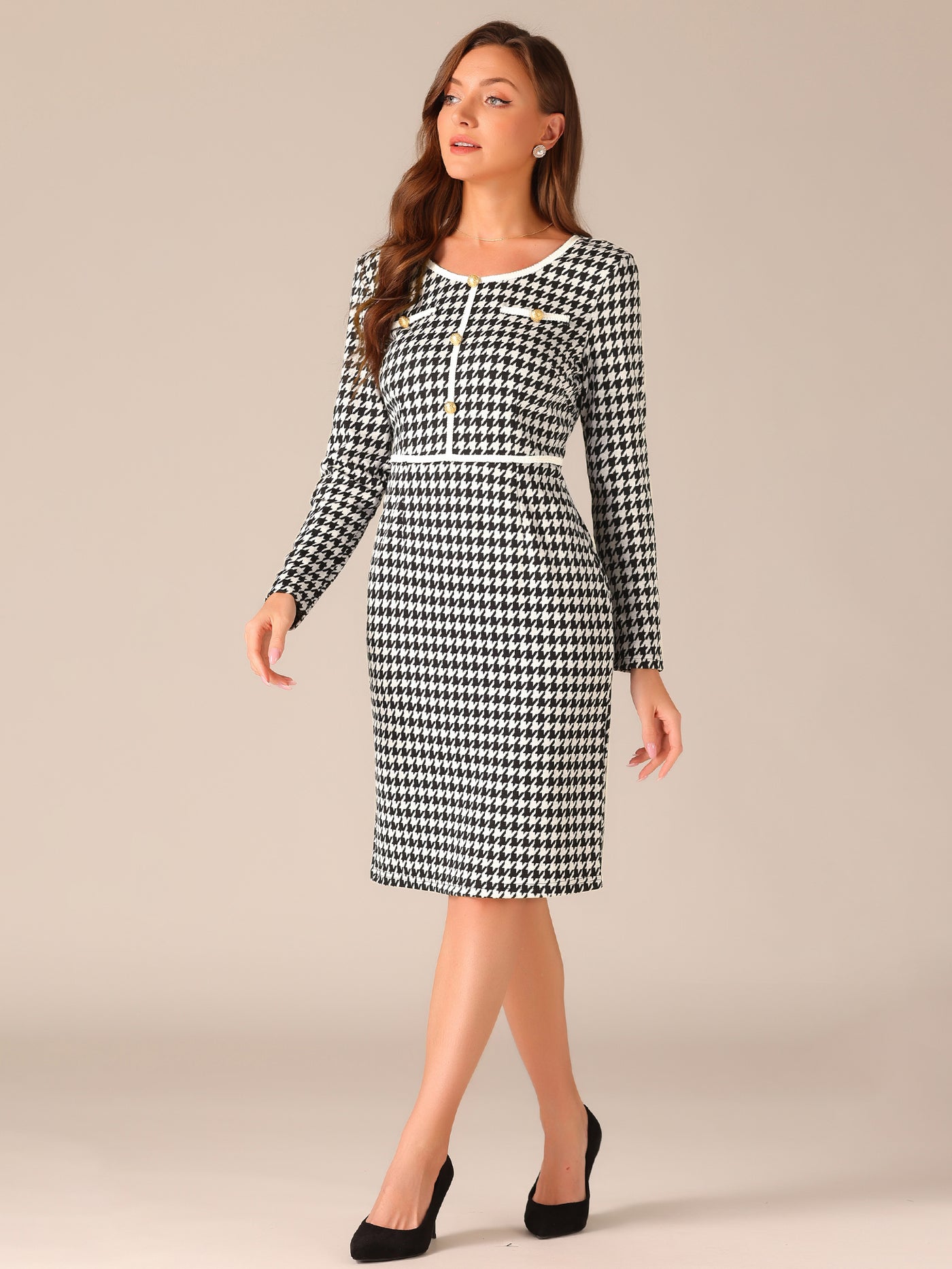 Allegra K Houndstooth Round Neck Long Sleeve Sheath Midi Dress