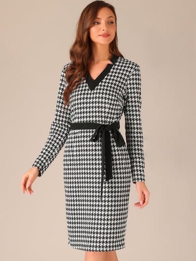 Houndstooth V Neck Belted Long Sleeve Bodycon Midi Dress