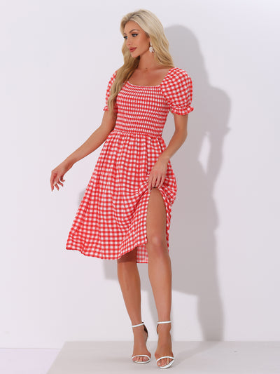 Smocked Gingham Square Neck Puff Sleeve Plaid Slit Midi Dress