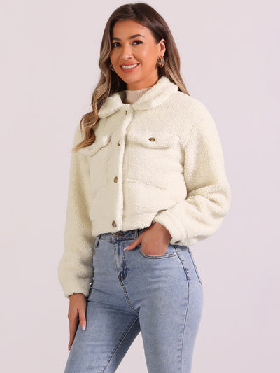 Allegra K Faux Fur Lapel Button Down Long Sleeve Cropped Jackets