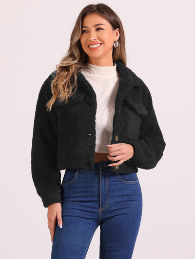 Faux Fur Lapel Button Down Long Sleeve Cropped Jackets