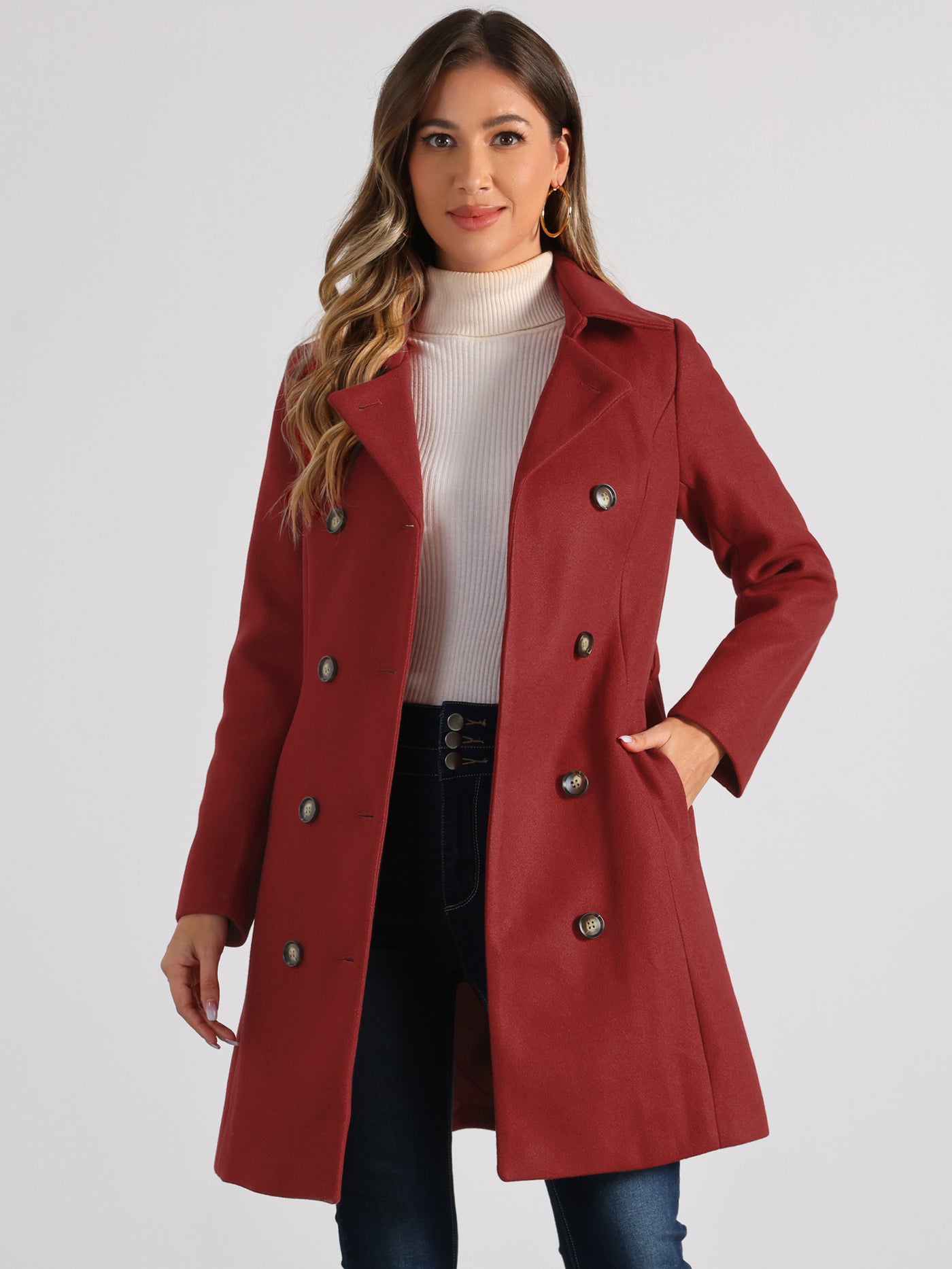 Allegra K Lapel Double Breasted Slant Pocket Button Belted Pea Coats