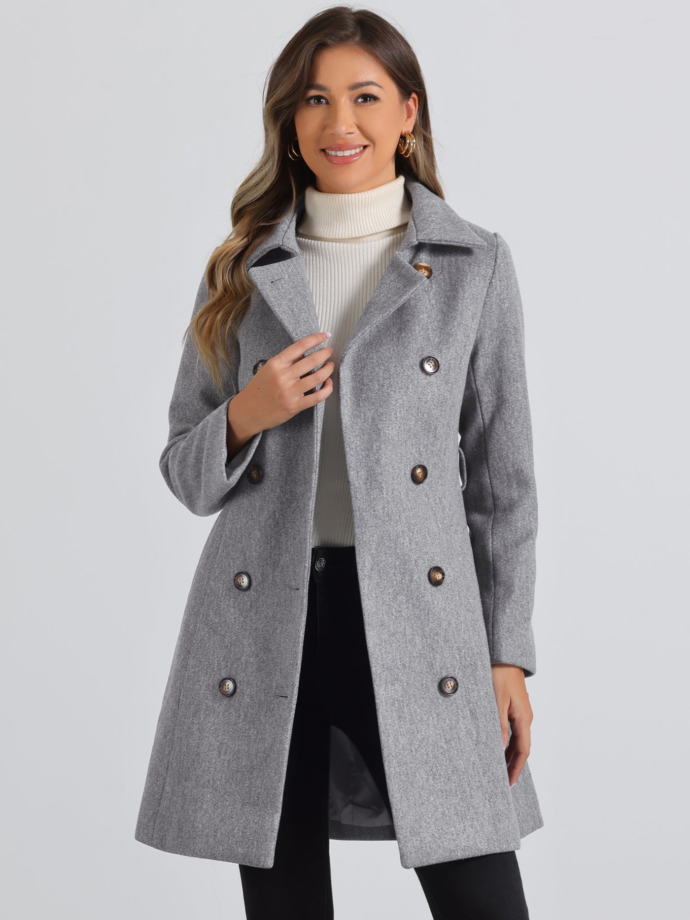 Allegra K Lapel Double Breasted Slant Pocket Button Belted Pea Coats