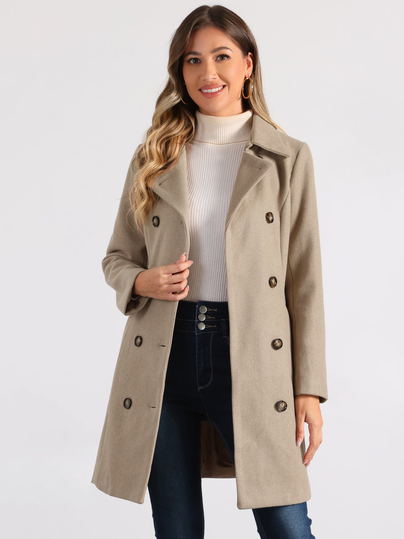 Allegra K Lapel Double Breasted Slant Pocket Button Belted Pea Coats