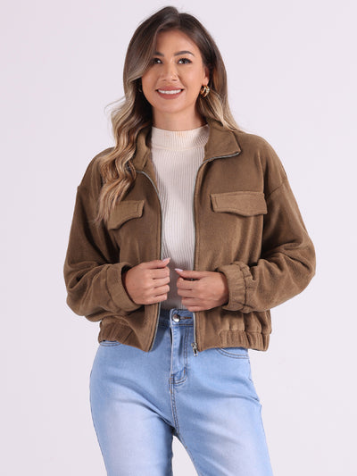 Fuzzy Fleece Long Sleeve Casual Cropped Jacket