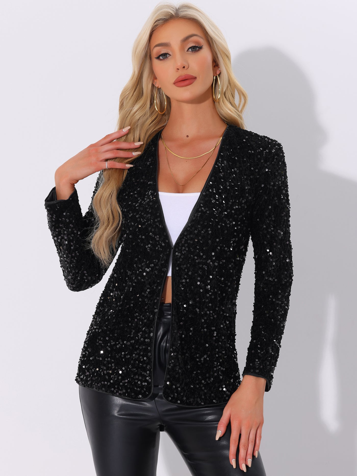 Allegra K Long Sleeve Glitter Party Sequin Open Front Jacket