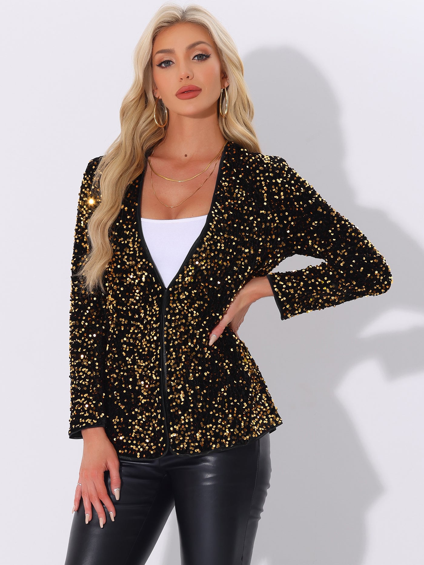 Allegra K Long Sleeve Glitter Party Sequin Open Front Jacket