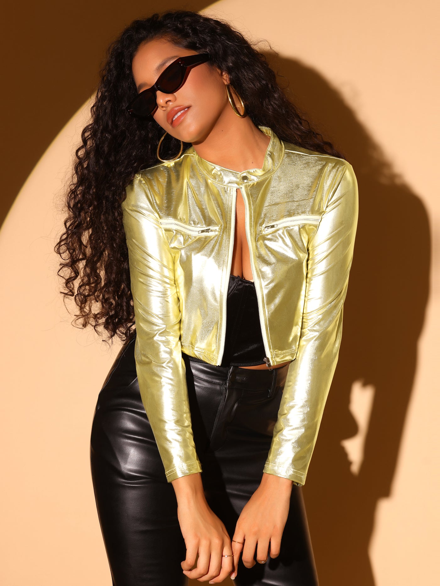 Allegra K Stand Collar Metallic Zipper Party Long Sleeve Cropped Jacket