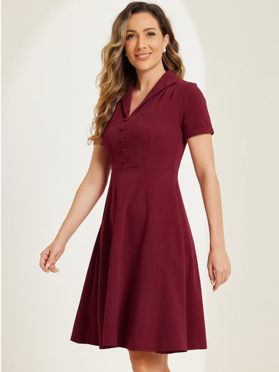 Allegra K Vintage Flat Collar Solid Color Short Sleeve Fit and Flare Midi Dress