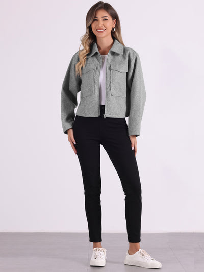 Lapel Collar Pockets Long Sleeve Casual Zipper Cropped Jacket