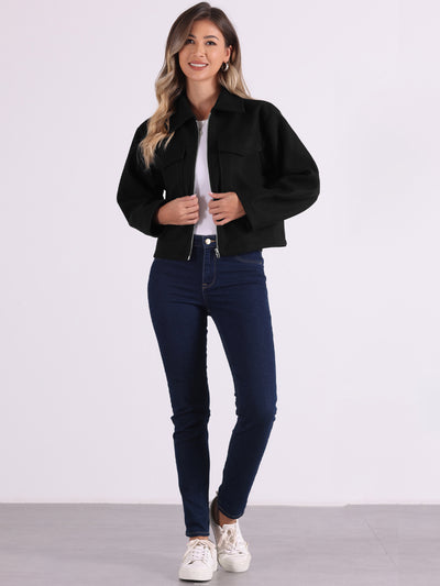 Lapel Collar Pockets Long Sleeve Casual Zipper Cropped Jacket