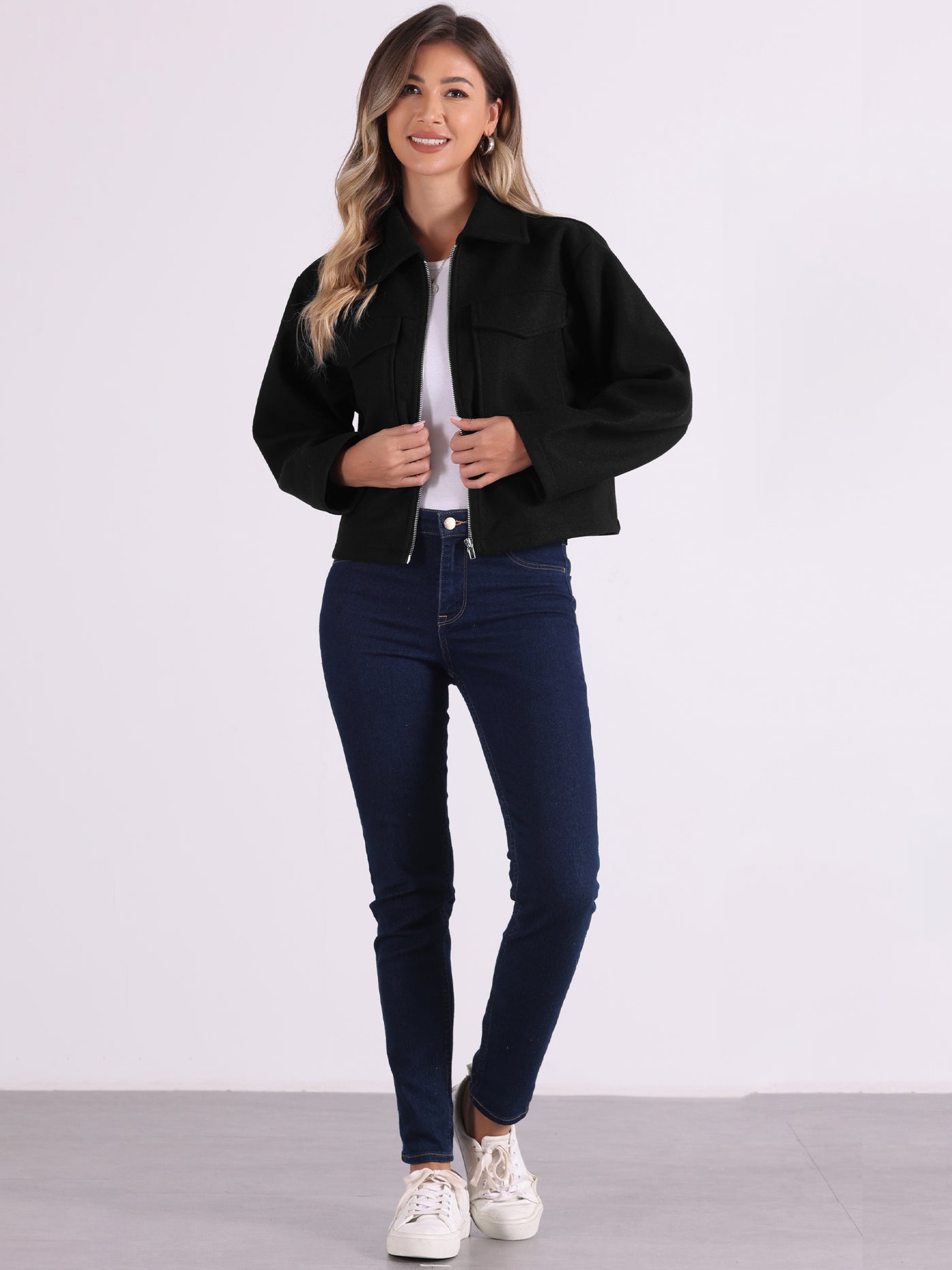 Allegra K Lapel Collar Pockets Long Sleeve Casual Zipper Cropped Jacket