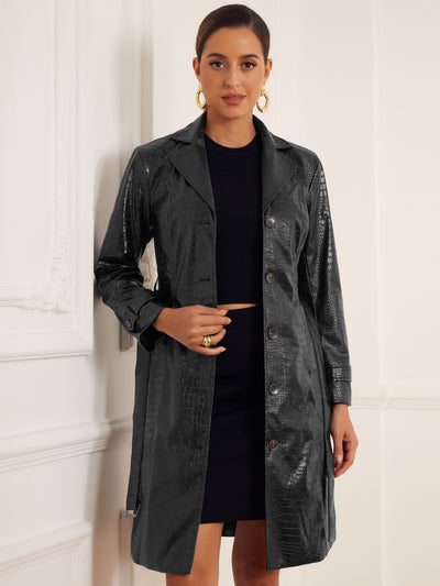 Faux Crocodile Leather Button Down Belted Winter Long Coat