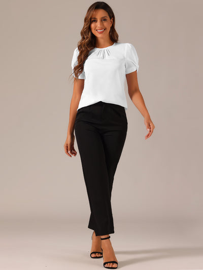 Ruched Sleeve Pleated Front Round Neck Blouse