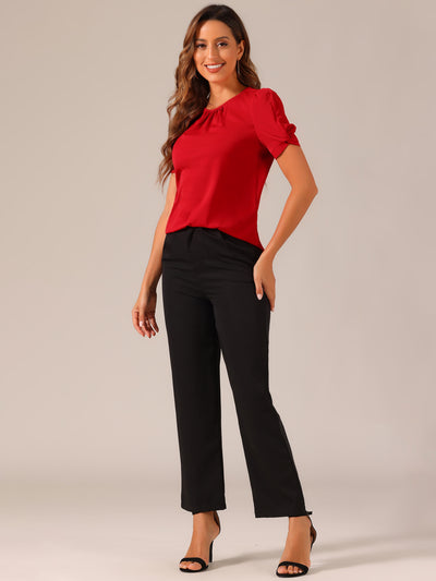 Ruched Sleeve Pleated Front Round Neck Blouse