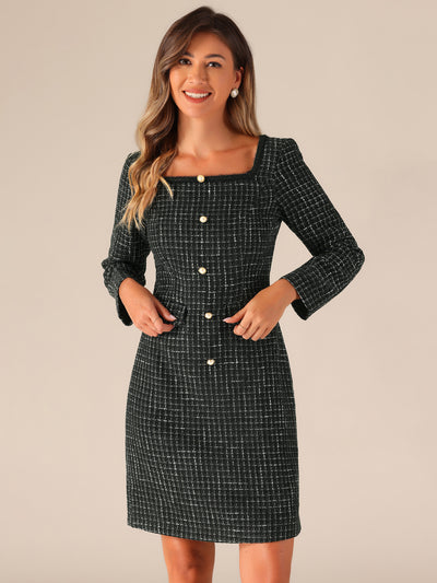 Allegra K Tweed Square Neck Long Sleeve Pockets Plaid Mini Dress