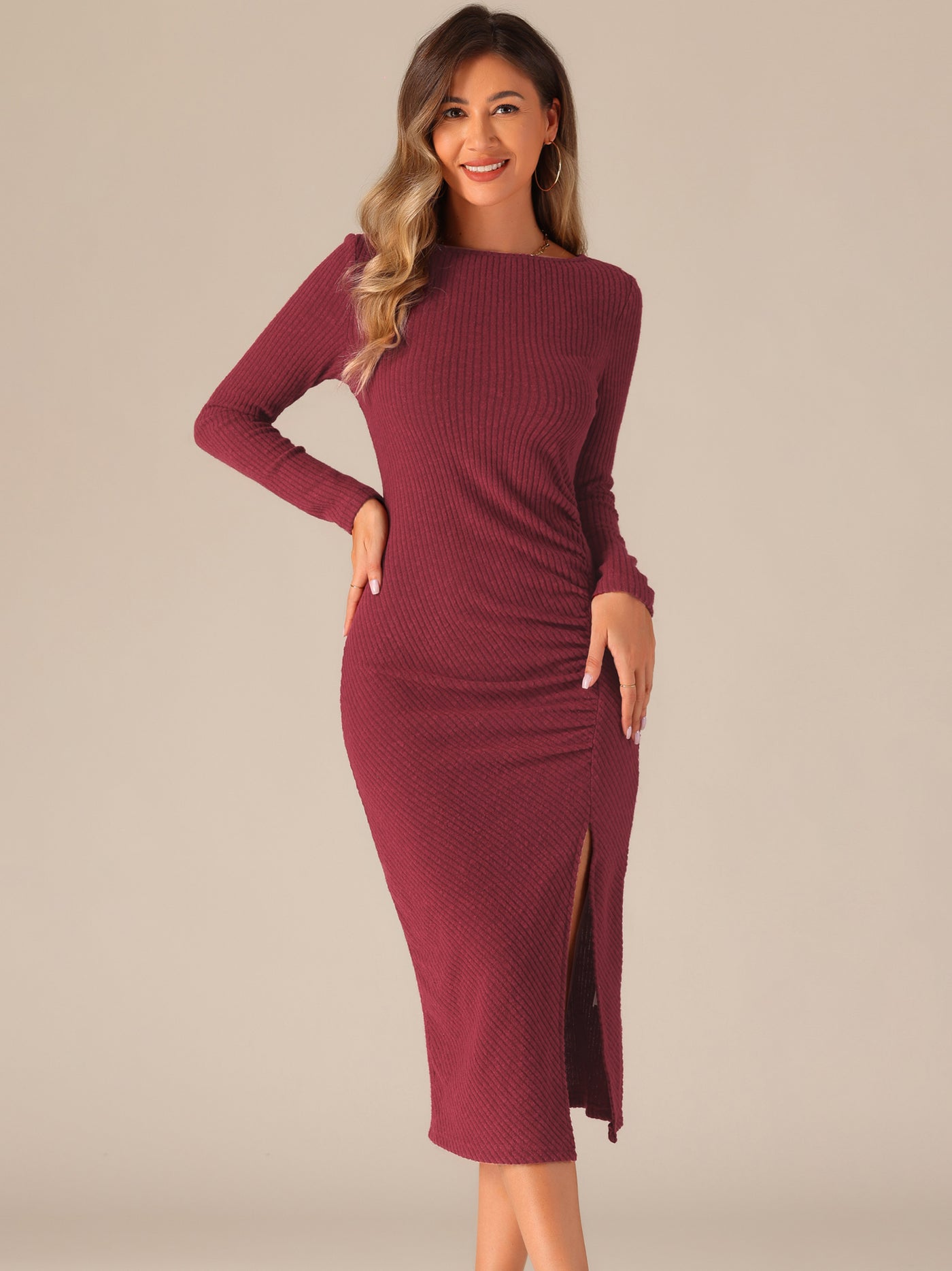 Allegra K Casual Long Sleeve Crew Neck Ruched Slit Knitted Midi Sweater Dress