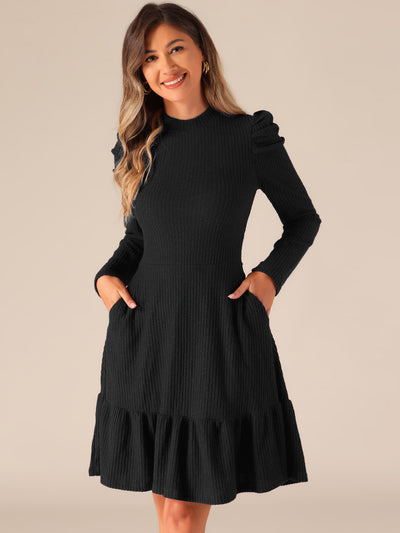 Stretchy Puff Long Sleeve Ruffle Hem Knit Midi Sweater Dress