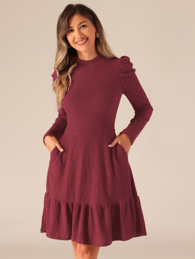 Stretchy Puff Long Sleeve Ruffle Hem Knit Midi Sweater Dress