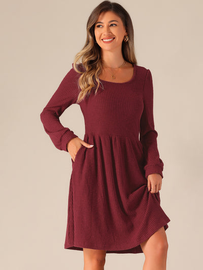 Scoop Neck Pockets Stretchy Puff Long Sleeve Knit Sweater Dress