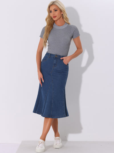 Casual Denim High Waisted A-Line Flared Midi Skirt