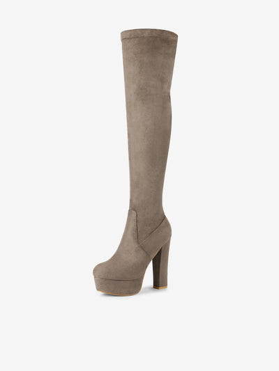 Faux Suede Platform Block Heel Over Knee High Boots