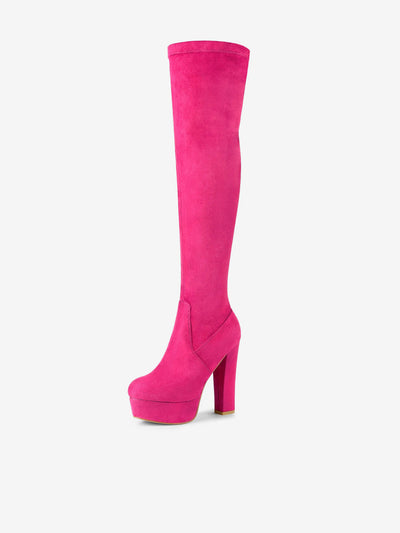 Faux Suede Platform Block Heel Over Knee High Boots