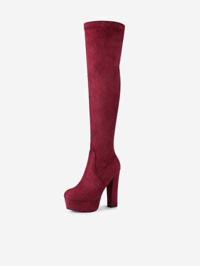 Faux Suede Platform Block Heel Over Knee High Boots