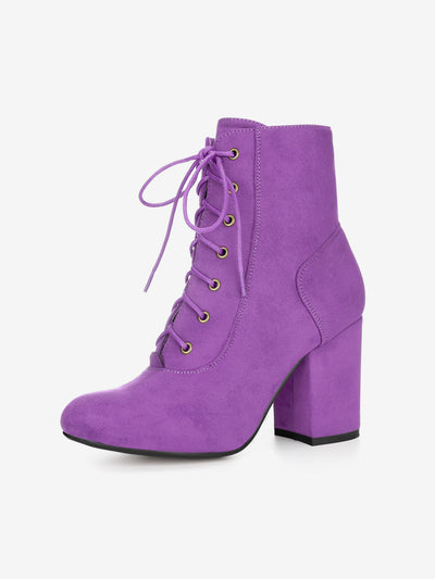 Faux Suede Round Toe Lace Up Chunky Heel Ankle Booties