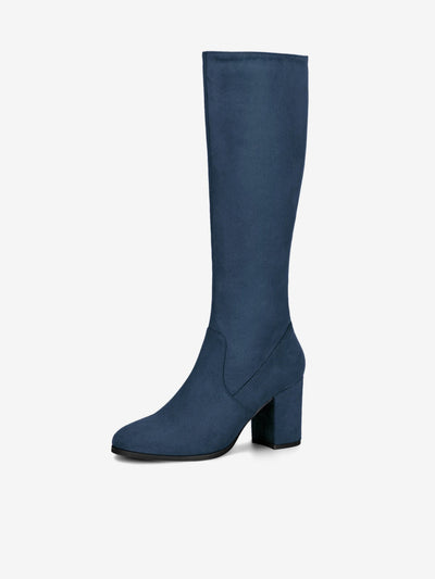 Faux Suede Side Zipper Chunky Heel Knee High Boots