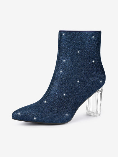 Pointed Toe Clear Block Heel Glitter Ankle Boots