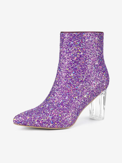 Pointed Toe Clear Block Heel Glitter Ankle Boots