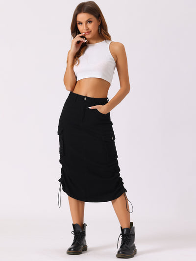 Midi Skirt Flap Pocket Back Slit Drawstring Cargo Skirt