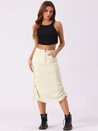 Midi Skirt Flap Pocket Back Slit Drawstring Cargo Skirt