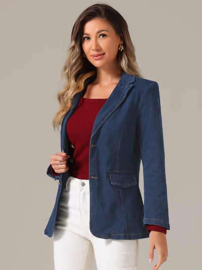 Allegra K Notched Lapel Denim Single Breasted Shoulder Pad Blazer Jackets