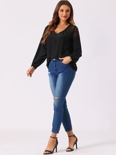 Boho Lace Panel Sheer V Neck Long Sleeve Blouse