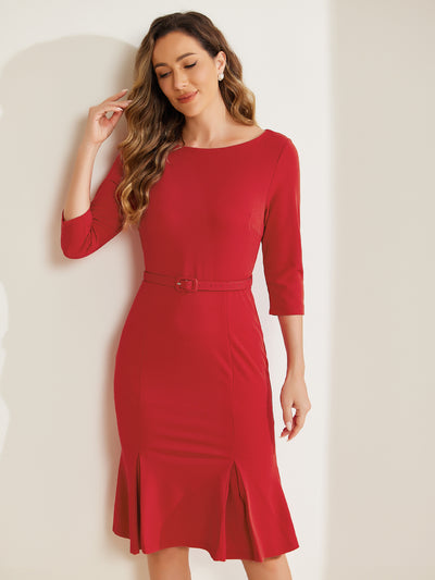 Business Elegant Boat Neck Half Sleeve Pleated Midi Solid Dress