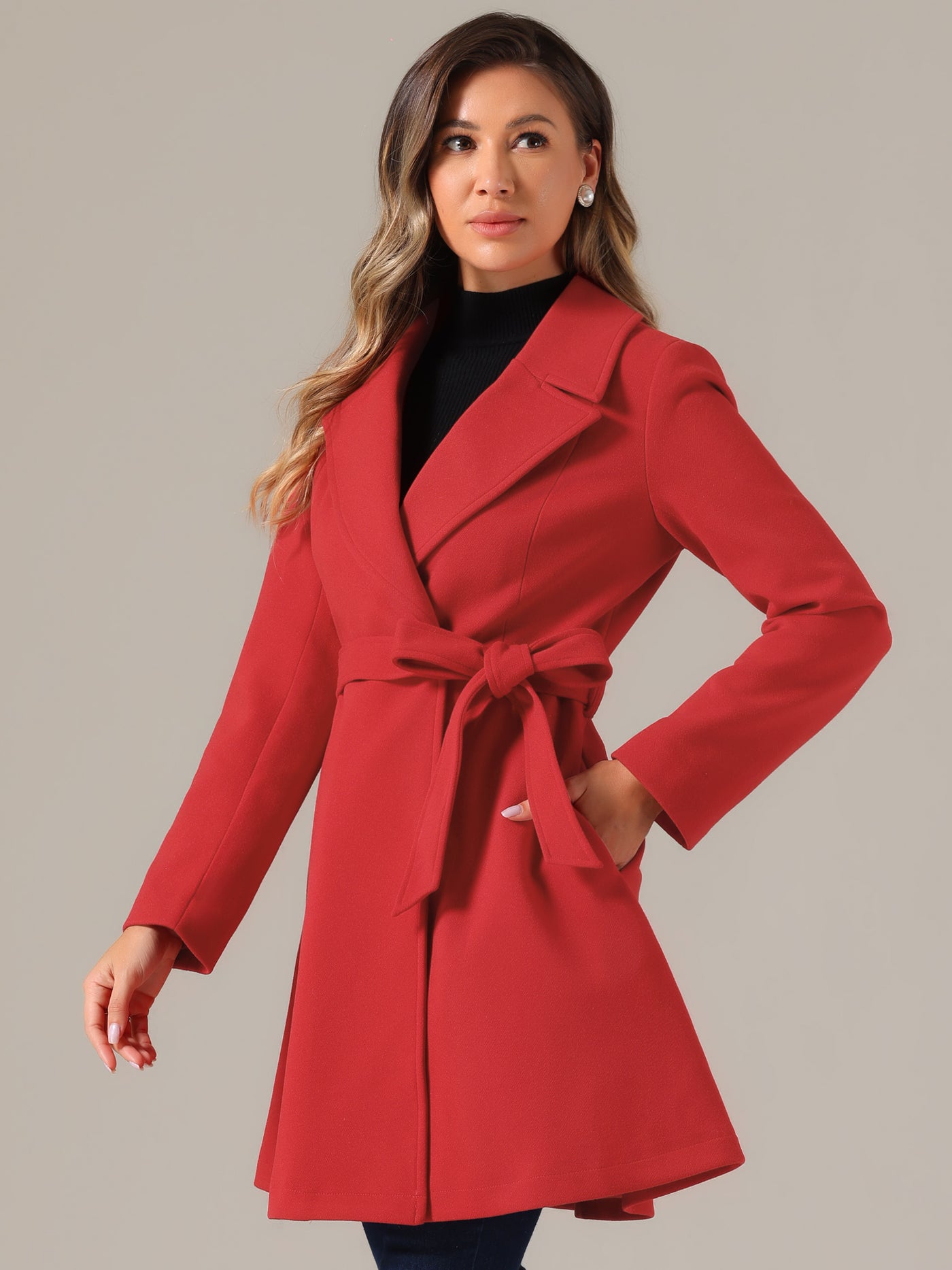 Allegra K Elegant Overcoat Shawl Collar Single Winter Belted Long Coat