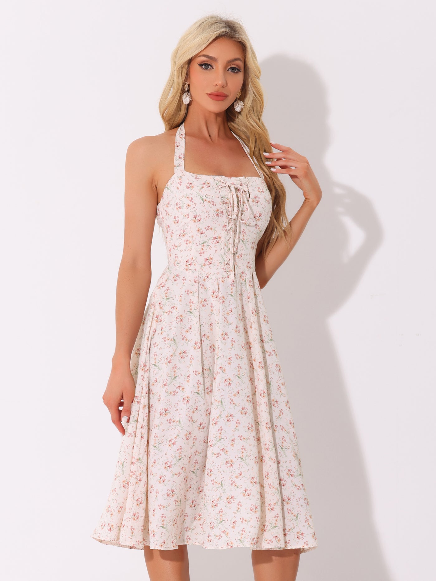 Allegra K Halter Neck Floral Summer Sundress Sleeveless Lace Up Midi Dress